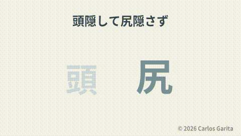 A head hidden but tail exposed representing 頭隠して尻隠さず