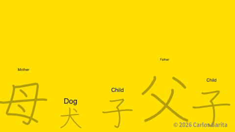 An animated kanji family bouncing together