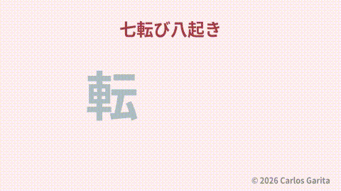 Tumbling and rising characters representing 七転び八起き