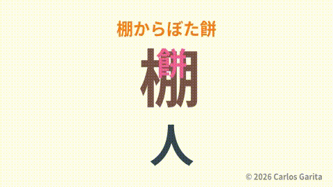 A rice cake falling from a shelf onto a person representing 棚からぼた餅