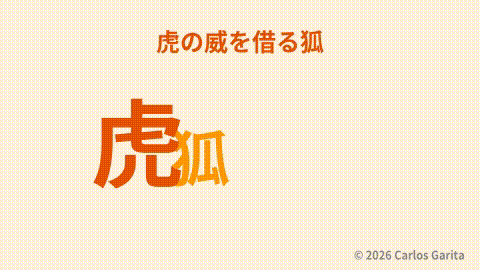 A fox walking proudly in front of a giant tiger representing 虎の威を借る狐